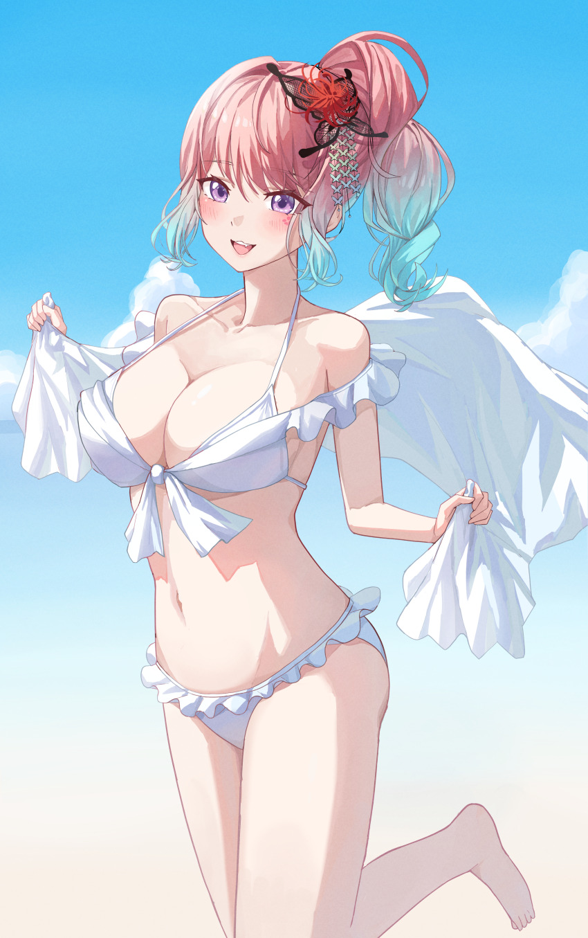 1girl :d absurdres barefoot bikini blue_hair blue_sky blush breasts butterfly_hair_ornament chideno cleavage cloud collarbone commentary commission fang foot_out_of_frame frilled_bikini frills gradient_hair hair_intakes hair_ornament halterneck highres holding indie_virtual_youtuber large_breasts layered_bikini medium_hair multicolored_hair off-shoulder_bikini off_shoulder open_mouth outdoors pink_hair ponytail purple_eyes reiyu_guigui sidelocks skeb_commission sky smile solo string_bikini swimsuit teeth two-tone_hair upper_teeth_only virtual_youtuber white_bikini