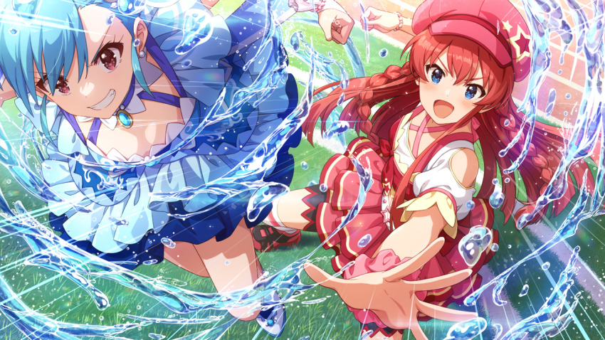 2girls alternate_hair_color blue_eyes bracelet braid earrings futami_mami game_cg grass grin hat idolmaster idolmaster_million_live! idolmaster_million_live!_theater_days jewelry kousaka_umi multiple_girls official_art open_mouth red_eyes skirt smile star_(symbol) thighhighs track_and_field water