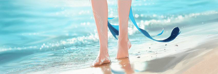 1girl absurdres bare_legs barefoot beach commentary day feet foot_focus highres legs lufi_ays no_shoes ocean outdoors sand shore solo splashing shorekeeper_(wuthering_waves) toes water waves wuthering_waves