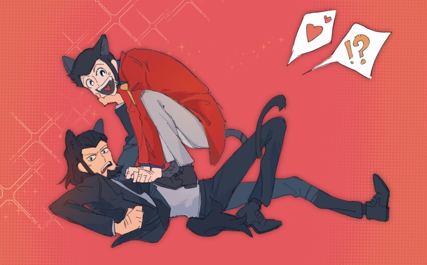 !? 2boys animal_ears arsene_lupin_iii beard black_footwear black_hair black_jacket black_pants cat_ears cat_tail extra_ears facial_hair fan_li grey_pants hand_hair heart heart_in_mouth highres jacket jigen_daisuke kemonomimi_mode long_sideburns lupin_iii male_focus multiple_boys necktie open_mouth pants pink_background pouncing red_jacket shirt short_hair sideburns sideburns_stubble speech_bubble stubble tail teeth upper_teeth_only white_shirt wolf_ears wolf_tail yaoi yellow_necktie