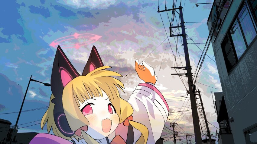 1girl animal_ear_headphones animal_ears arm_up blonde_hair blue_archive blush bow building fake_animal_ears hair_bow halo headphones highres low_twintails momoi_(blue_archive) open_mouth photo_background pink_eyes power_lines shinbashi_seiji sky smile solo twintails utility_pole