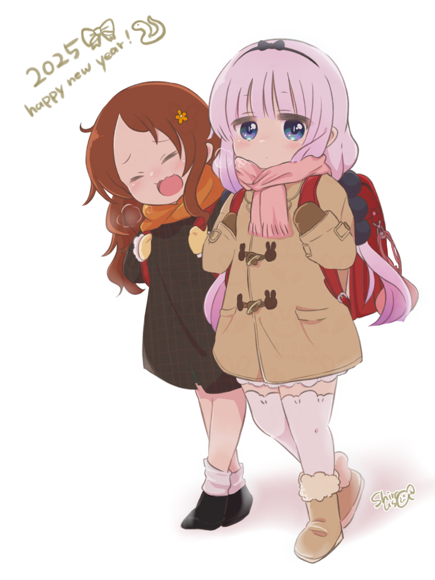 2025 2girls backpack bag beads black_coat black_footwear blue_eyes boots brown_coat brown_footwear brown_hair brown_mittens closed_eyes closed_mouth coat dot_mouth full_body fur-trimmed_boots fur_trim hair_beads hair_ornament happy_new_year highres kanna_kamui kobayashi-san_chi_no_maidragon kuma_desuyan long_hair mittens multiple_girls new_year orange_scarf pink_hair pink_scarf randoseru red_bag saikawa_riko scarf signature simple_background thighhighs twintails walking white_background white_thighhighs yellow_mittens