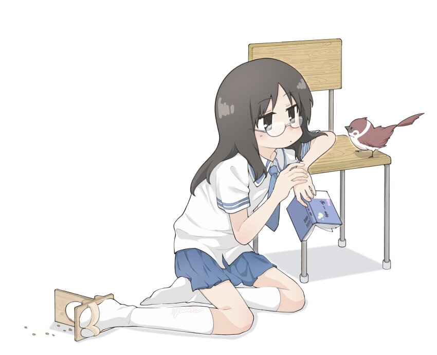 1girl animal arm_rest bird blue_skirt book chair closed_mouth commentary_request geta glasses highres holding holding_book long_hair looking_at_another minakami_mai necktie nichijou pleated_skirt shirt short_sleeves signature skirt socks white_background white_shirt white_socks yuurauue