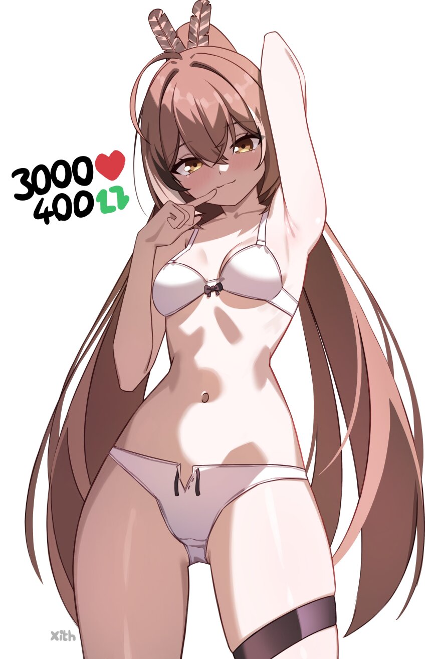 1girl :3 absurdres ahoge arm_up armpits bra breasts brown_eyes brown_hair cleavage closed_mouth commentary cowboy_shot crossed_bangs double-parted_bangs english_commentary feather_hair_ornament feathers hair_between_eyes hair_ornament high_ponytail highres hololive hololive_english long_hair looking_at_viewer medium_breasts multicolored_hair nanashi_mumei navel panties ponytail simple_background solo split_ponytail stomach streaked_hair thigh_strap twitter_strip_game underwear underwear_only very_long_hair virtual_youtuber white_background white_bra white_panties x_xith_x