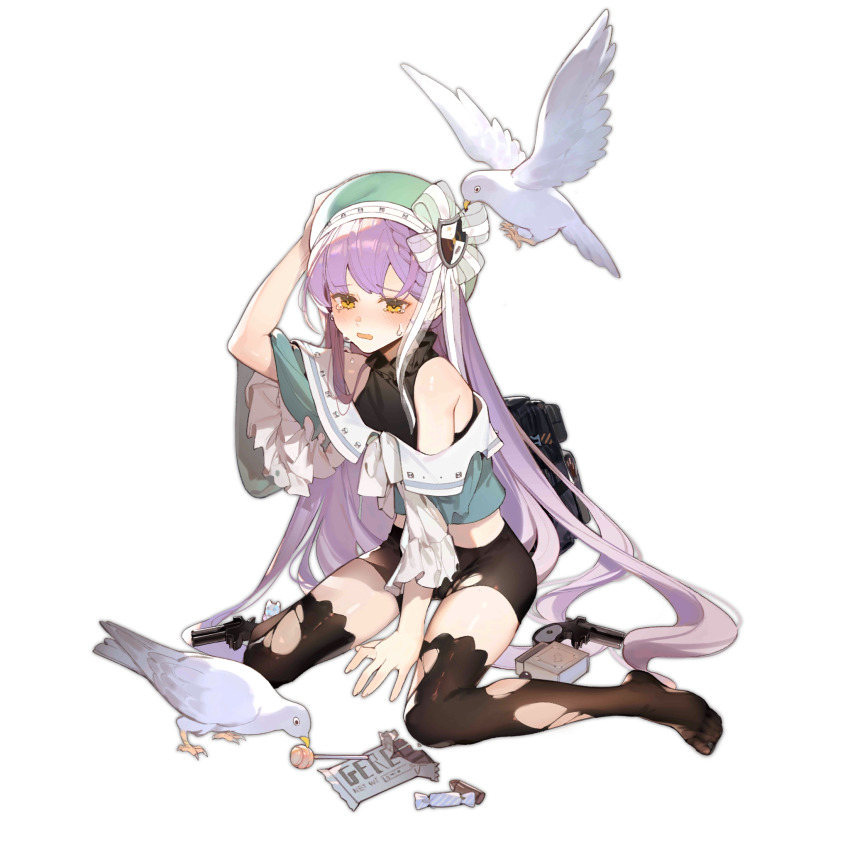 1girl alternate_costume aqua_headwear artist_request bird black_shirt black_shorts black_thighhighs blush break-action_pistol candy derringer derringer_(girls&#039;_frontline) double-barreled_pistol floor food girls&#039;_frontline gun hair_ornament hair_ribbon hand_on_floor hand_on_headwear handgun highres lollipop long_hair looking_at_viewer multiple-barrel_gun official_art on_floor open_mouth over-and-under-barreled_pistol pigeon pistol pocket_pistol purple_hair remington_model_95 ribbon shirt shorts solo spread_legs tears thighhighs torn_clothes torn_shorts torn_thighhighs transparent_background weapon yellow_eyes