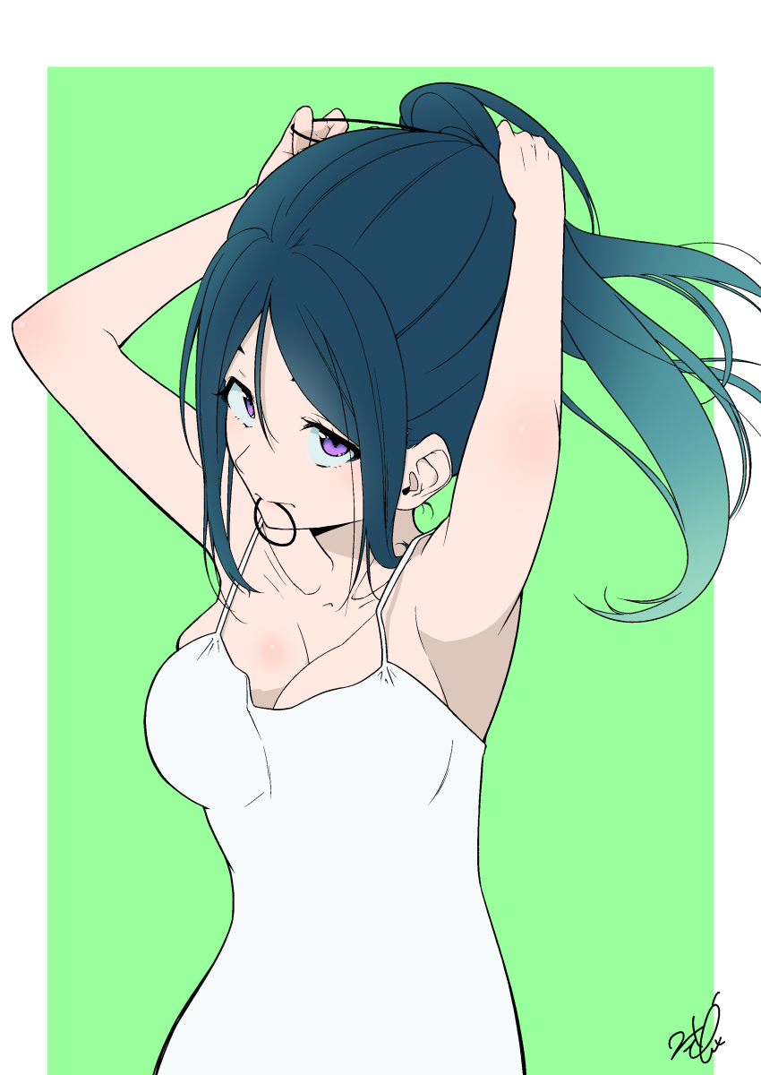 1girl absurdres adjusting_hair artist_name artist_request bare_shoulders blue_hair breasts cleavage collarbone female_focus futatugi1125 futatugikota highres long_hair looking_at_viewer love_live! love_live!_sunshine!! matsuura_kanan medium_breasts mouth_hold ponytail purple_eyes solo