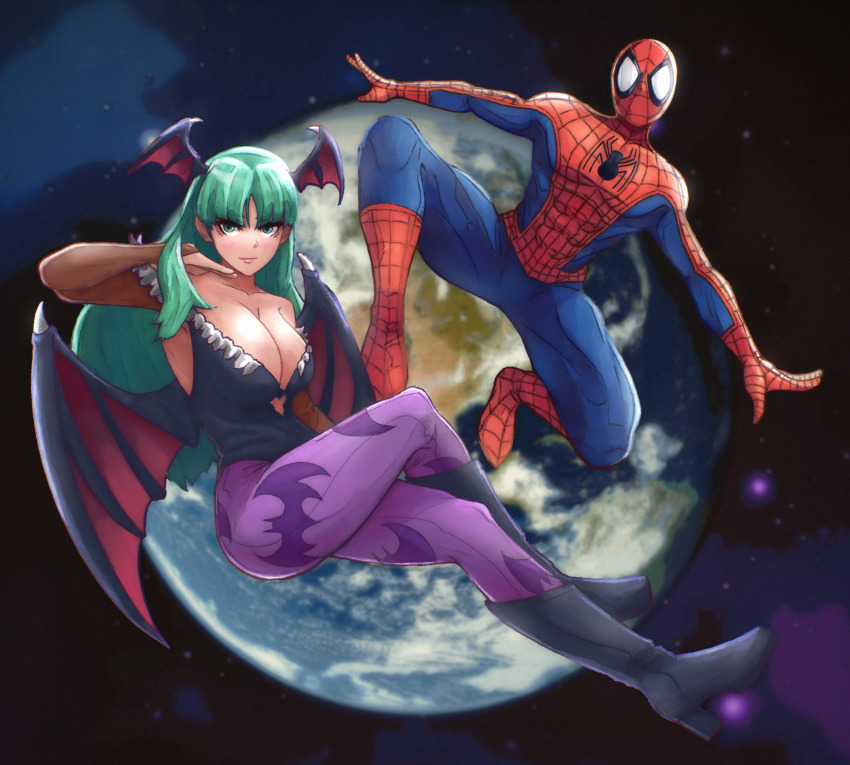 1boy 1girl absurdres black_footwear black_leotard boots breasts earth_(planet) full_body green_eyes head_wings highres kanpaithighs leotard looking_at_viewer marvel marvel_vs._capcom marvel_vs._capcom_3 morrigan_aensland pantyhose planet purple_pantyhose smile space spider-man spider-man_(series) strapless strapless_leotard two-tone_bodysuit darkstalkers wings