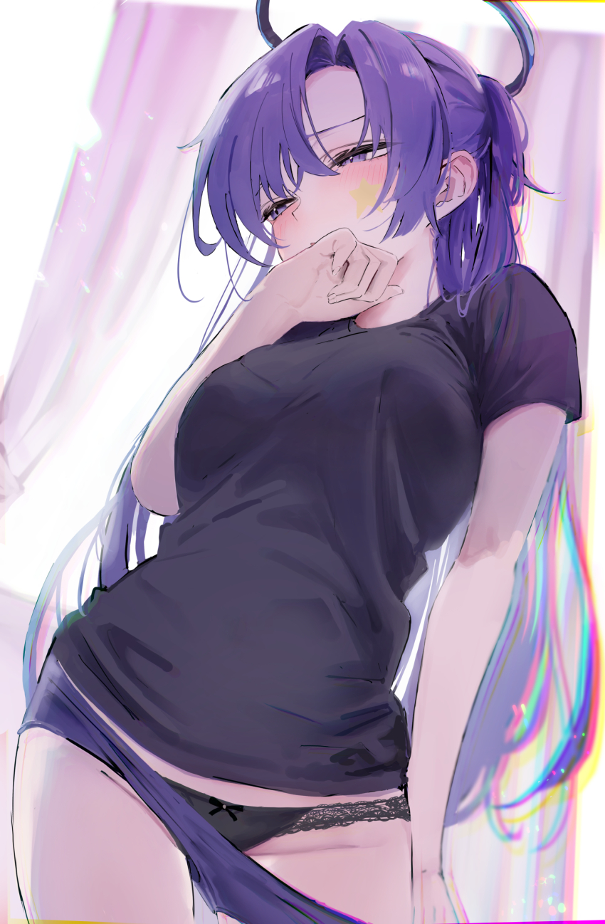 1girl black_skirt blue_archive blush bow breasts buruma buruma_pull clothes_pull gym_uniform gyoku_seisyoku hair_over_shoulder halo hand_on_own_face hand_on_own_hip highres lace lace_panties long_hair mechanical_halo medium_breasts panties pants pants_pull ponytail purple_eyes purple_hair shirt skirt solo star_sticker sticker_on_face underwear yuuka_(blue_archive) yuuka_(track)_(blue_archive)