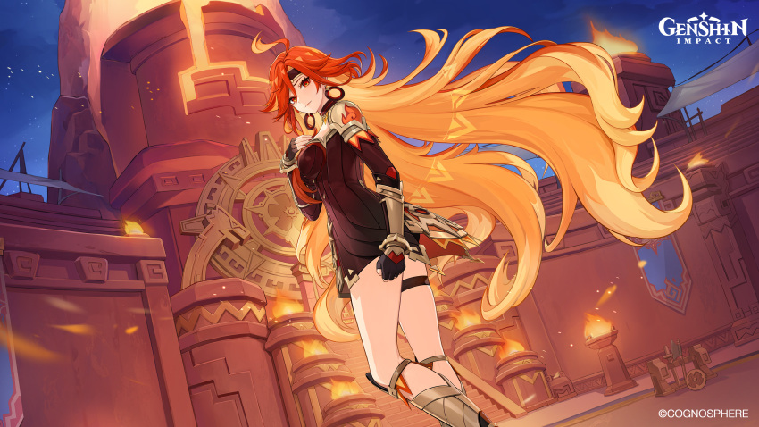 1girl absurdres ahoge breasts dress earrings genshin_impact gloves hair_between_eyes headband highres jewelry long_hair long_sleeves looking_at_viewer mavuika_(&quot;sunset&quot;)_(genshin_impact) mavuika_(genshin_impact) medium_breasts multicolored_hair official_alternate_costume official_art orange_eyes orange_pupils red_hair sunburst_iris two-tone_hair