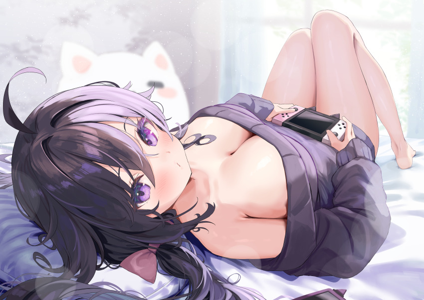 1girl :/ absurdres ahoge bare_legs barefoot bed_sheet blurry blurry_background blush bokeh bow breasts cleavage closed_mouth commentary_request depth_of_field feet hair_between_eyes hair_bow handheld_game_console highres holding holding_handheld_game_console indoors knees_up large_breasts long_sleeves looking_at_viewer lying nyahu_(nyahu_77) off-shoulder_sweater off_shoulder on_back original pillow pink_bow purple_eyes purple_hair purple_sweater shiny_skin solo stuffed_animal stuffed_cat stuffed_toy sweater