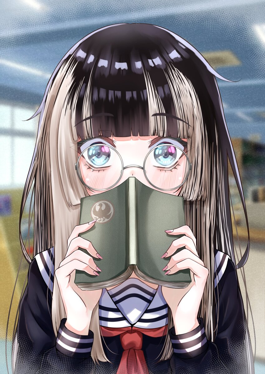 1girl absurdres alternate_costume black_hair black_serafuku black_shirt blue_eyes blunt_bangs blurry blurry_background blush book covered_mouth depth_of_field eyelashes fingernails glasses grey_hair hands_up highres hime_cut holding holding_book hololive hololive_dev_is indoors juufuutei_raden library long_hair long_sleeves messy_hair multicolored_hair nail_polish neckerchief open_book pink_nails red_neckerchief round_eyewear sailor_collar school_uniform serafuku shirt solo straight-on straight_hair streaked_hair surprised suzuka_(suzukawu) two-tone_hair upper_body virtual_youtuber white_sailor_collar winter_uniform