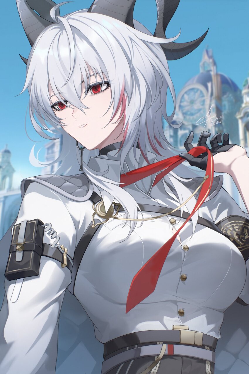 1girl arm_pouch black_gloves black_horns black_jacket blue_sky breasts button_gap chest_harness clothes_grab collared_shirt commentary dated day earrings gloves hair_between_eyes half_gloves harness hashtag-only_commentary highres horns i_a_n jacket jacket_on_shoulders jewelry key_earrings large_breasts looking_to_the_side multicolored_hair necktie necktie_grab neckwear_grab outdoors parted_lips red_eyes red_necktie red_streaks shirt signature sky solo streaked_hair upper_body white_hair white_shirt wuthering_waves zani_(wuthering_waves)