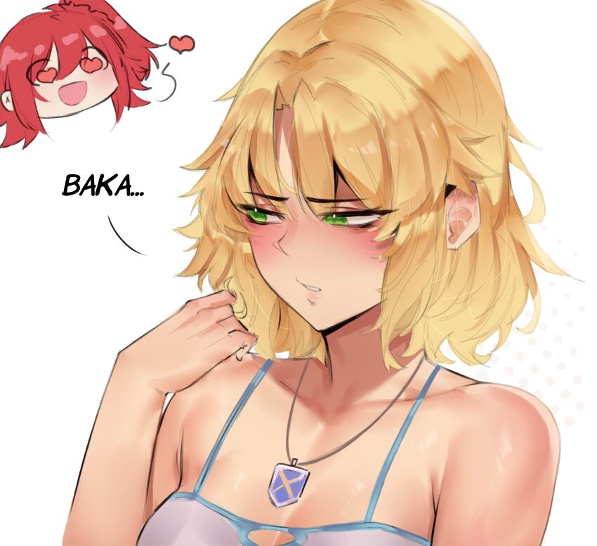 2girls absurdres alternate_hairstyle bare_shoulders blonde_hair blush breasts camisole cleavage collarbone deccatezu fate/grand_order fate_(series) fujimaru_ritsuka_(female) green_eyes hand_in_own_hair heart heart-shaped_pupils highres jewelry looking_at_viewer mordred_(fate) multiple_girls necklace orange_hair red_scrunchie scrunchie short_hair shy side_ponytail speech_bubble symbol-shaped_pupils yuri