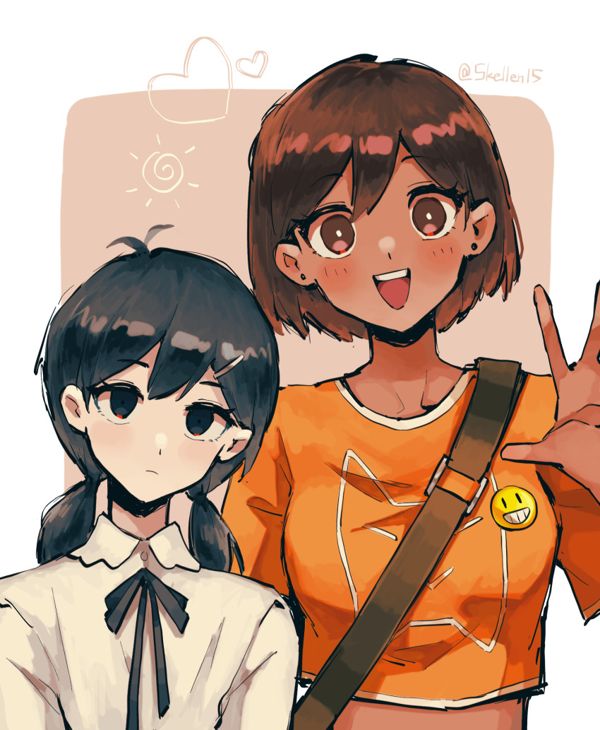 2girls :d antenna_hair black_eyes black_hair black_ribbon blush bob_cut border bright_pupils brown_eyes brown_hair closed_mouth collarbone collared_shirt commentary dark-skinned_female dark_skin double-parted_bangs earrings empty_eyes frown genderswap genderswap_(mtf) hair_behind_ear hair_between_eyes hand_up heart highres jewelry kel_(faraway)_(omori) kel_(omori) looking_at_viewer low_twintails medium_hair multiple_girls neck_ribbon no_pupils omori open_mouth orange_background orange_shirt outside_border ribbon shirt short_hair short_sleeves simple_background skellen15 smile stud_earrings sunny_(omori) symbol-only_commentary teeth tongue twintails twitter_username upper_body upper_teeth_only waving white_border white_pupils white_shirt white_trim