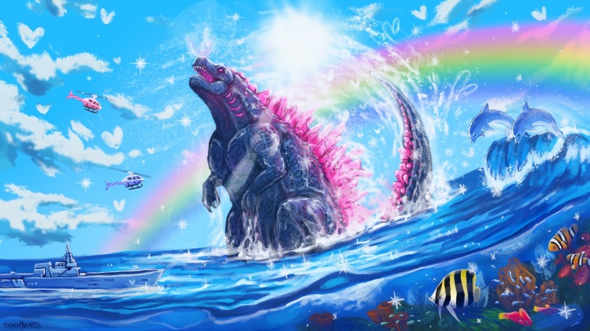 aircraft animal animal_focus boat cloud commentary day dolphin english_commentary frutiger_aero godzilla godzilla_(series) heart helicopter highres jumping kaiju meme monster no_humans rainbow sky sparkle splashing sun symphony_dolphin_(meme) tail tammykaos toho tropical_fish water watercraft