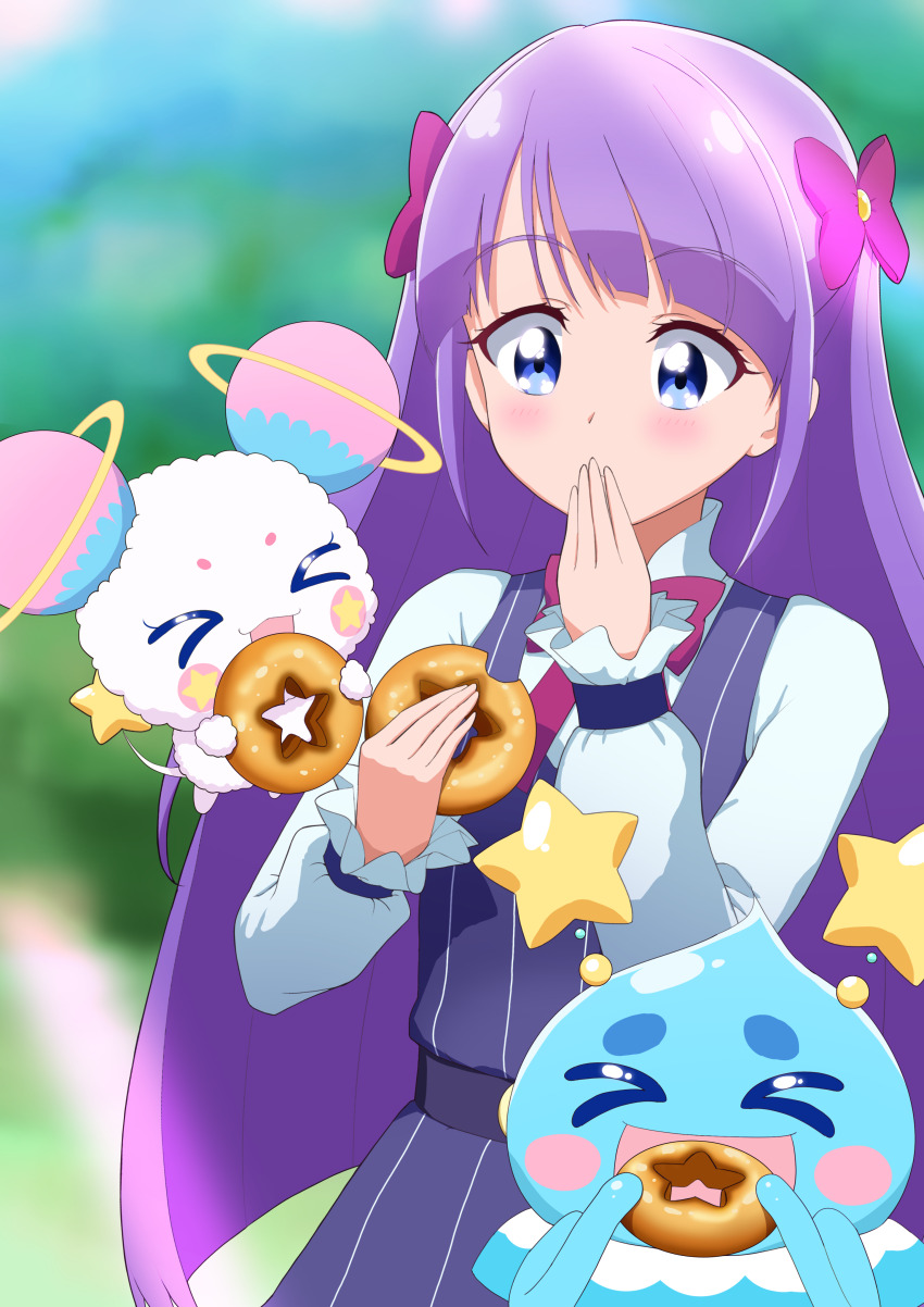 &gt;_&lt; 1girl 2others absurdres alien belt blue_eyes blunt_bangs blurry blurry_background blush blush_stickers bow closed_eyes commentary covering_own_mouth cowboy_shot creature day doughnut dress dress_bow eating fairy food food_bite fuwa_(precure) grey_shirt hair_bow hair_ornament hands_up highres holding holding_food kaguya_madoka long_hair long_sleeves looking_at_food midair multiple_hair_bows multiple_others open_mouth outdoors pinafore_dress pinstripe_dress pinstripe_pattern planet_hair_ornament precure prunce_(precure) puffy_long_sleeves puffy_sleeves purple_bow purple_hair sentyouoekaki shirt sleeveless sleeveless_dress smile star_(symbol) star_twinkle_precure striped_clothes striped_dress thick_eyebrows vertical-striped_clothes vertical-striped_dress