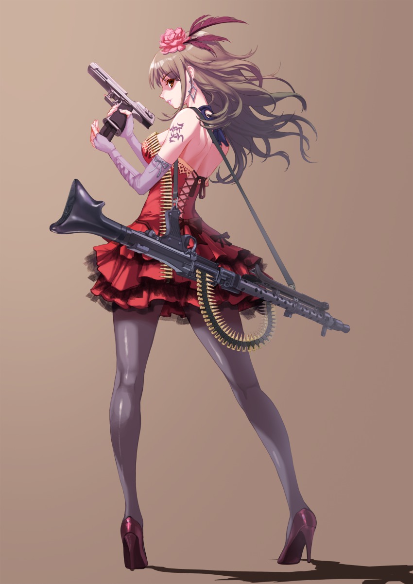 1girl absurdres ammunition ammunition_belt backless_dress backless_outfit bare_shoulders breasts bridal_gauntlets brown_background brown_eyes brown_hair cartridge choker desert_eagle detached_sleeves dress earrings female_focus flower from_behind full_body gun hair_flower hair_ornament handgun high_heels highres holding holding_gun holding_weapon jewelry long_hair looking_at_viewer looking_back machine_gun medium_breasts mg_34 mirnov original pantyhose pistol red_dress rifle rose shoes simple_background sleeveless sleeveless_dress solo standing tattoo teeth trigger_discipline weapon