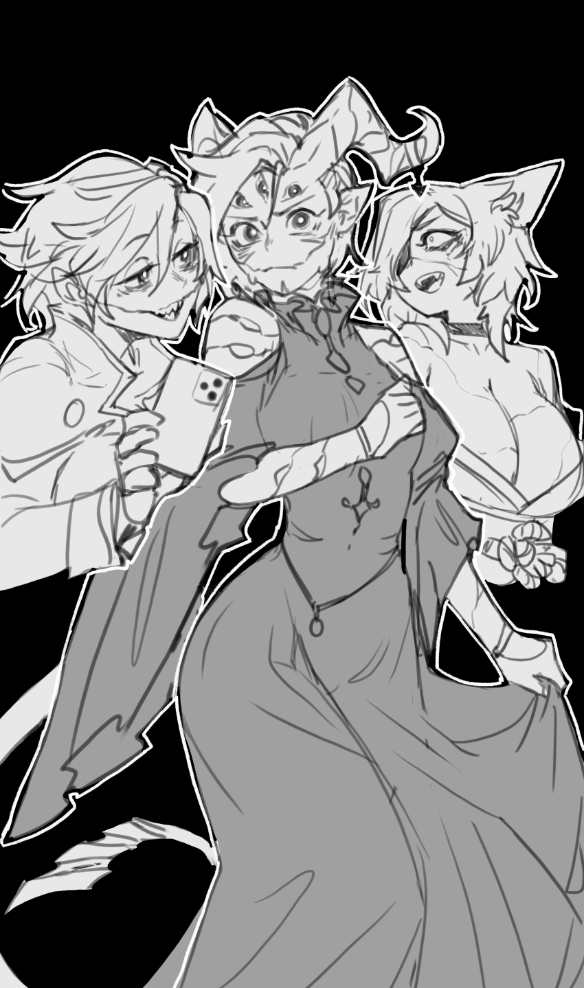 3girls absurdres animal_ears black_background breasts cellphone commentary cracked_skin dress english_commentary extra_eyes fangs greyscale hair_over_one_eye highres holding holding_phone horns large_breasts less looking_at_another looking_at_viewer medium_breasts monochrome multiple_girls original phone pointy_ears rope scar scar_on_face sharp_teeth sketch smartphone strapless tail teeth wide_sleeves