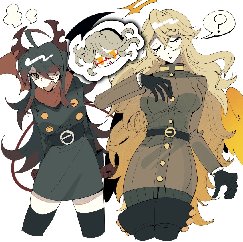 1boy 2girls absurdres angel angel_wings blonde_hair closed_eyes dangwodaodayinmiezhiting demon_girl demon_horns demon_tail demon_wings funamusea genderswap genderswap_(mtf) glasses highres horns igls_unth ivlis_(funamusea) multiple_girls siralos_(funamusea) tail wings