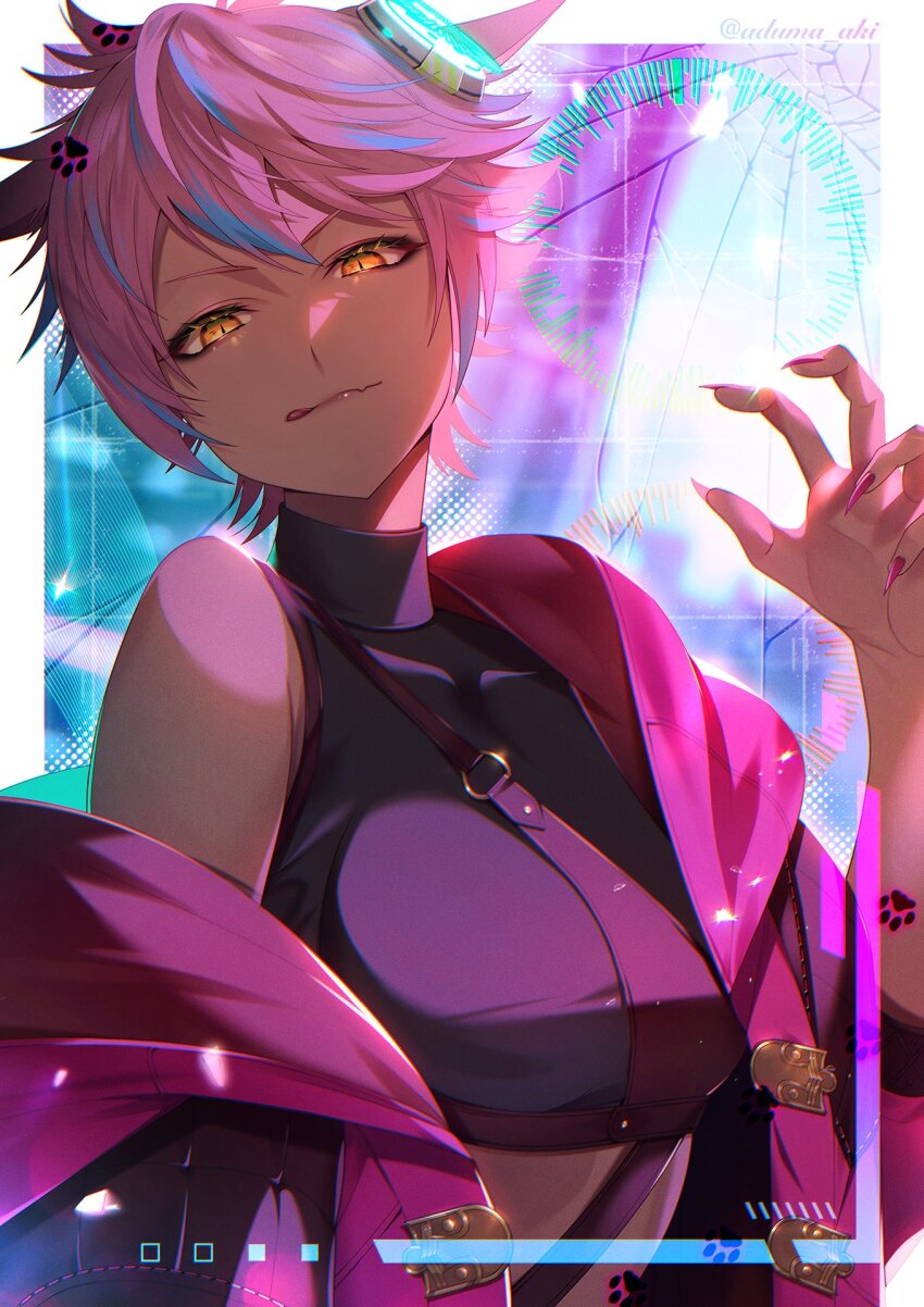 1girl :q adzuma_nishi animal_ears artist_name border cat_ears crop_top final_fantasy final_fantasy_xiv fingernails hand_up highres jacket long_fingernails looking_at_viewer miqo&#039;te multicolored_hair outside_border pink_hair pink_jacket pink_nails sharp_fingernails short_hair slit_pupils solo streaked_hair tongue tongue_out turtleneck twitter_username two-tone_hair white_border yaana_(ff14) yellow_eyes