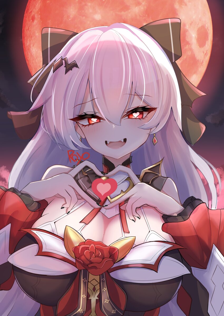 1girl 4-finger_heart_hands absurdres black_bow black_dress blush bow breasts cleavage commentary_request dress earrings fangs flower full_moon hair_between_eyes hair_bow hair_ornament heart heart-shaped_pupils heart_hands highres honkai_(series) honkai_impact_3rd huge_breasts jewelry large_breasts long_hair long_sleeves looking_at_viewer moon open_mouth partial_commentary red_eyes red_flower red_moon red_rose rose royo21294110 signature smile solo symbol-shaped_pupils theresa_apocalypse theresa_apocalypse_(luna_kindred) theresa_apocalypse_(lunar_vow:_crimson_love) upper_body white_hair