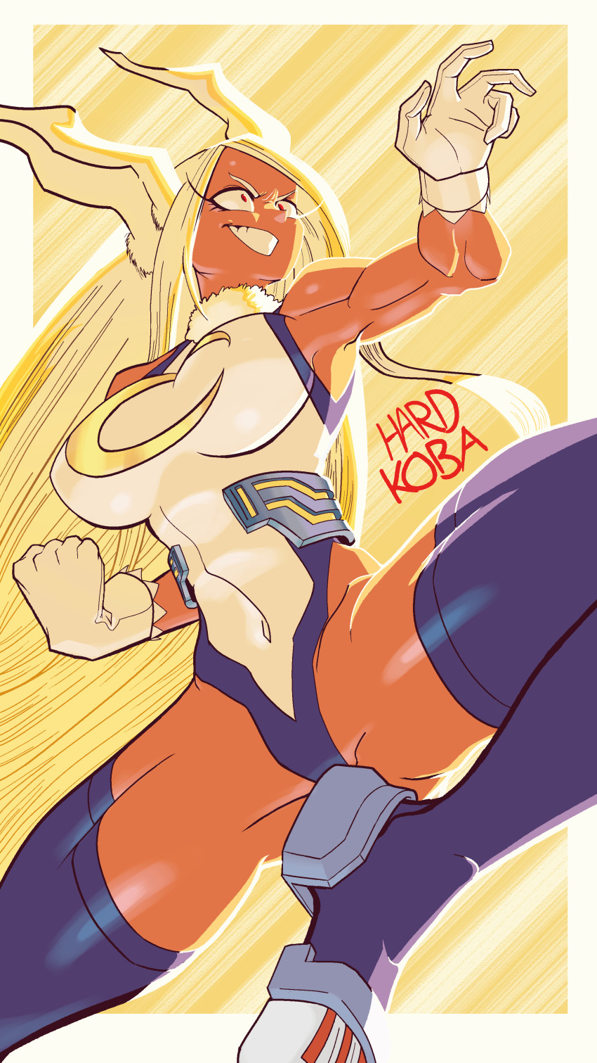 1girl absurdres animal_ears boku_no_hero_academia breasts dark-skinned_female dark_skin eyelashes forehead fur_collar gloves hardkoba highres large_breasts thick_thighs leotard long_hair looking_up mirko muscular parted_bangs rabbit_ears rabbit_tail red_eyes simple_background smirk solo speed_lines thighhighs thighs white_gloves white_hair yellow_background