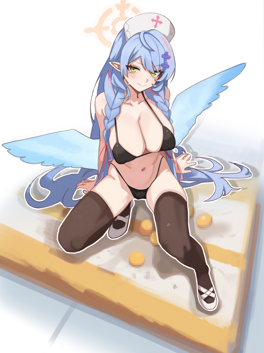 1girl absurdres alternate_costume bikini black_bikini black_thighhighs blue_archive blue_hair blue_wings breasts cleavage closed_mouth commentary_request full_body green_eyes halo hat highres korean_commentary large_breasts long_hair looking_at_viewer low_wings mine_(blue_archive) navel nurse_cap outline pink_halo pointy_ears rehu_(astd5787) simple_background smile solo stomach swimsuit thighhighs thighs white_background white_outline wings