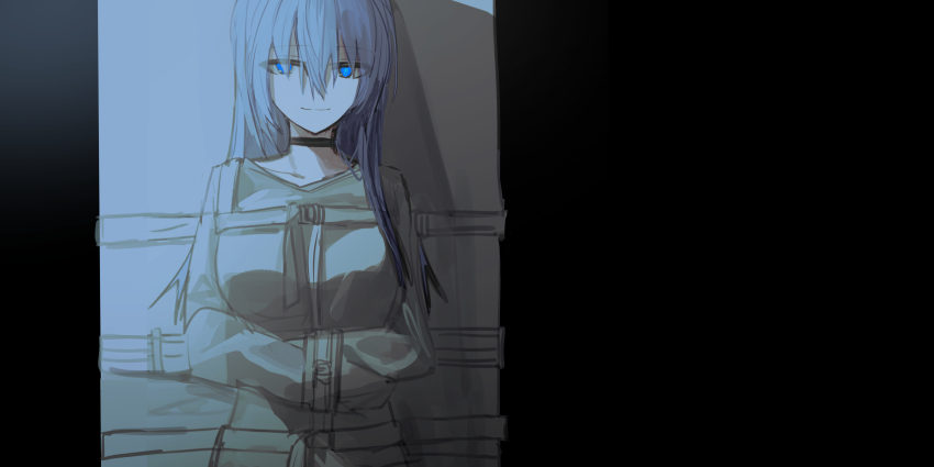 1girl absurdres black_choker blue_eyes chihuri choker closed_mouth collarbone grey_hair hair_between_eyes highres long_hair looking_at_viewer original sketch smile solo straitjacket