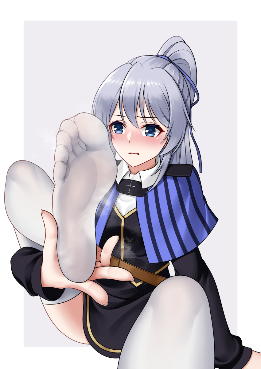 1girl absurdres blue_eyes blush campione! feet highres liliana_kranjcar oirin smell solo thighhighs toes white_thighhighs