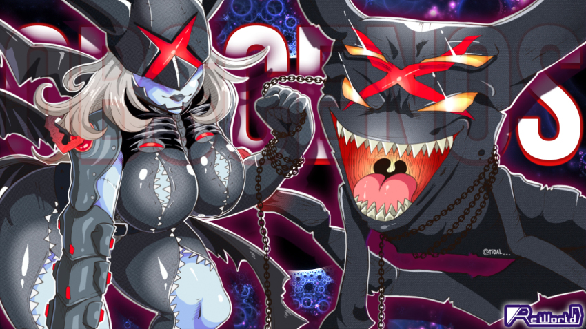 1girl breasts digimon digimon_(creature) female_focus ladydevimon ladydevimon_x-antibody large_breasts mask sharp_teeth smile solo teeth