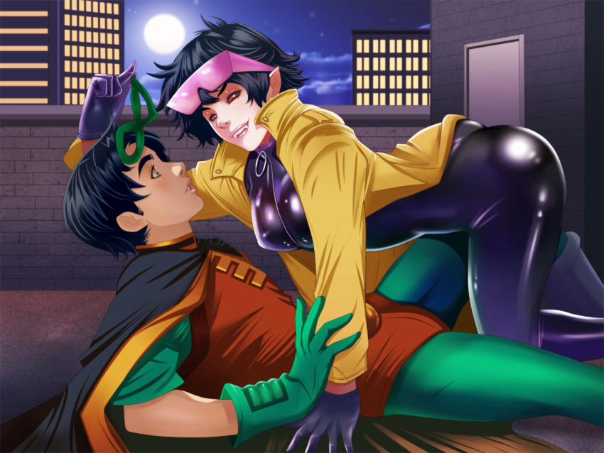 1boy 1girl batman_(series) black_bodysuit black_cape black_gloves black_hair bodysuit building cape city coat commentary commission crossover dc_comics domino_mask english_commentary eyewear_on_head fangs full_moon gloves green_bodysuit green_gloves green_mask jubilee leotard marvel mask moon night open_clothes open_coat open_mouth pink-tinted_eyewear pointy_ears red_eyes red_leotard robin_(dc) roninseven short_hair short_sleeves tinted_eyewear vampire x-men yellow_coat