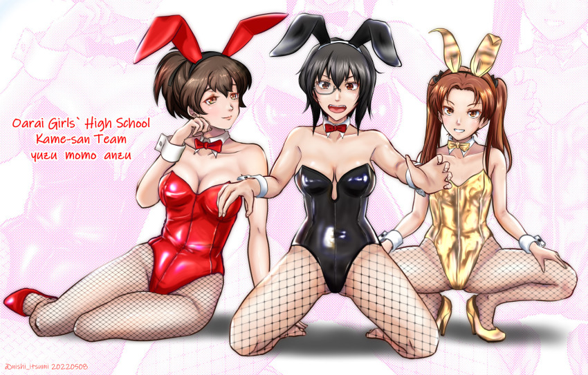 3girls animal_ears arm_support artist_name black_leotard bow bowtie breasts brown_eyes character_name cleavage collarbone detached_collar fishnets girls_und_panzer gold_leotard hair_between_eyes hands_on_own_legs high_heels highres kadotani_anzu kawashima_momo koyama_yuzu large_breasts leotard medium_breasts monocle multiple_girls nishi_itsumi no_shoes playboy_bunny rabbit_ears red_bow red_bowtie red_footwear red_leotard short_ponytail small_breasts smile spread_legs squatting twintails twitter_username wrist_cuffs yellow_bow yellow_bowtie yellow_footwear yellow_leotard zoom_layer