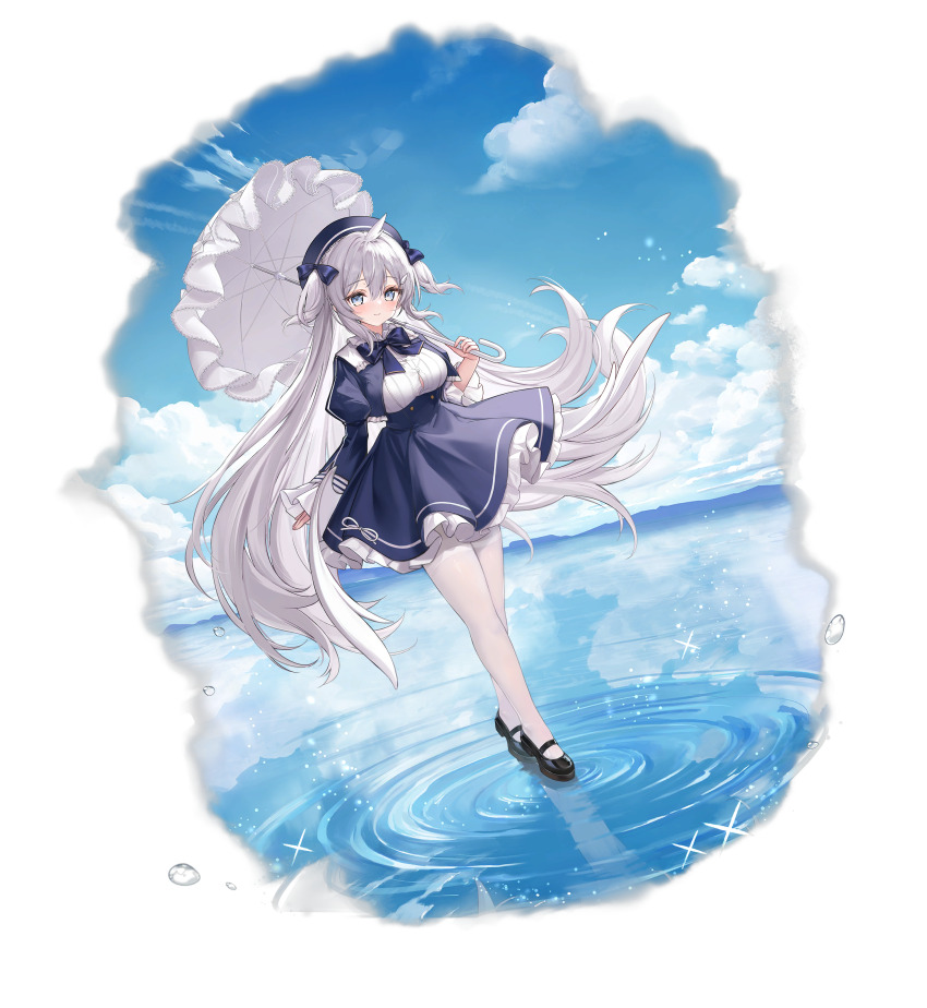 absurdres ahoge alic_miao aqua_eyes azur_lane black_footwear blue_headwear blue_ribbon blue_skirt blue_sky blush cloud floating_hair fluffy hat highres holding holding_umbrella long_hair long_sleeves looking_at_viewer mary_janes non-web_source official_alternate_costume official_art pantyhose petticoat pleated_skirt ribbon shoes sidelocks skirt sky smile umbrella umikaze_(azur_lane) umikaze_(baby_steps)_(azur_lane) very_long_hair white_hair white_pantyhose white_umbrella