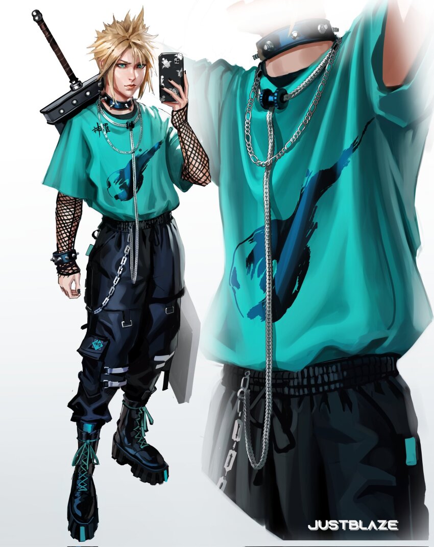 1boy alternate_costume aqua_eyes aqua_shirt artist_name bangle black_boots black_nails black_pants blonde_hair boots bracelet buster_sword cloud_strife cropped_torso final_fantasy final_fantasy_vii fishnet_sleeves fishnets full_body hair_between_eyes highres holding holding_phone jewelry justb1aze male_focus meteor nail_polish pants phone print_shirt shirt short_hair short_sleeves solo spiked_hair studded_bracelet studded_choker weapon weapon_on_back white_background