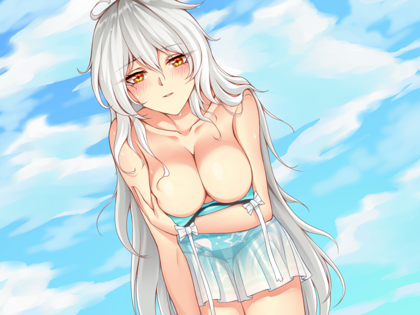 +_+ 1girl arm_under_breasts bare_shoulders bikini blue_bikini blue_sky breasts cleavage cloud cloudy_sky dress hair_between_eyes honkai_(series) honkai_impact_3rd kiana_kaslana kiana_kaslana_(herrscher_of_the_void) kiana_kaslana_(parasol_kaiserin) long_hair looking_at_viewer ruo_zhishi_chu_jian sky smile solo sundress swimsuit white_hair yellow_eyes