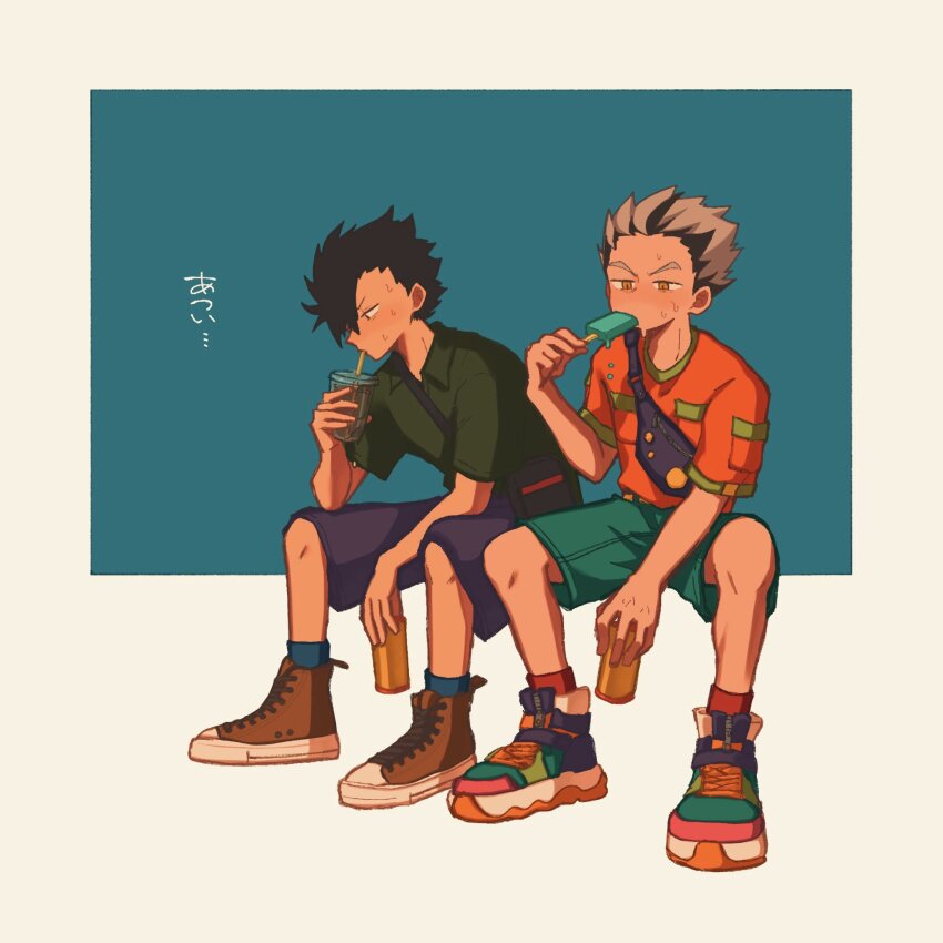 2boys arm_between_legs arm_up belt belt_pouch black_belt black_hair blue_shorts blue_socks bokuto_koutarou brown_footwear can collared_shirt commentary cup disposable_cup drink_can drinking_straw elbow_on_knee fanny_pack food food_in_mouth green_shirt grey_hair haikyuu!! highres holding holding_food holding_popsicle hot hq_bkr kuroo_tetsurou looking_to_the_side male_focus multicolored_footwear multicolored_hair multicolored_shirt multiple_boys orange_eyes orange_shirt popsicle pouch red_socks shirt shoes short_sleeves shorts sitting socks soda soda_can sweat sweatdrop symbol-only_commentary two-tone_hair