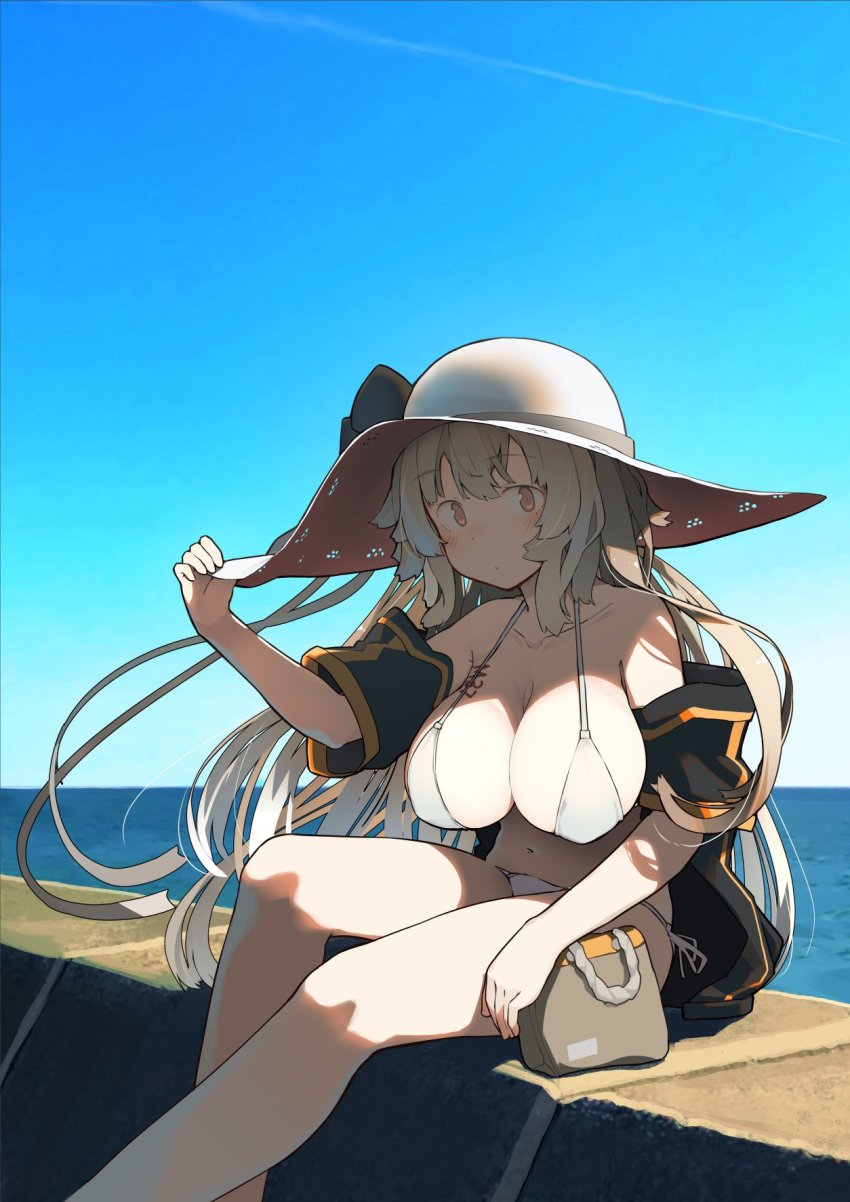 1girl :o bag bikini blush bodypaint bow breasts brown_hair collarbone day fuu_fuu girls&#039;_frontline handbag hat hat_bow highres jacket large_breasts long_hair m37_(girls&#039;_frontline) m37_(summer_parader)_(girls&#039;_frontline) navel official_alternate_costume orange_eyes outdoors shade side-tie_bikini_bottom sitting sky solo sun_hat swimsuit water white_bikini