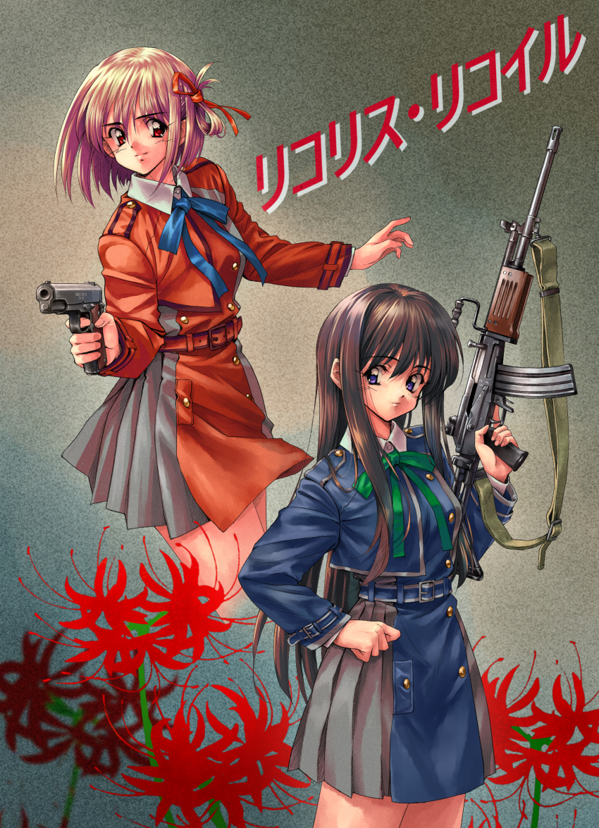 1990s_(style) 2girls absurdres assault_rifle black_hair blonde_hair blue_dress blue_eyes dress finger_on_trigger grey_background gun handgun highres imi_galil inoue_takina long_hair long_sleeves longmei_er_de_tuzi lycoris_recoil lycoris_uniform m1911 multiple_girls neck_ribbon nishikigi_chisato red_dress red_eyes retro_artstyle ribbon rifle short_hair skirt trigger_discipline two-tone_dress weapon