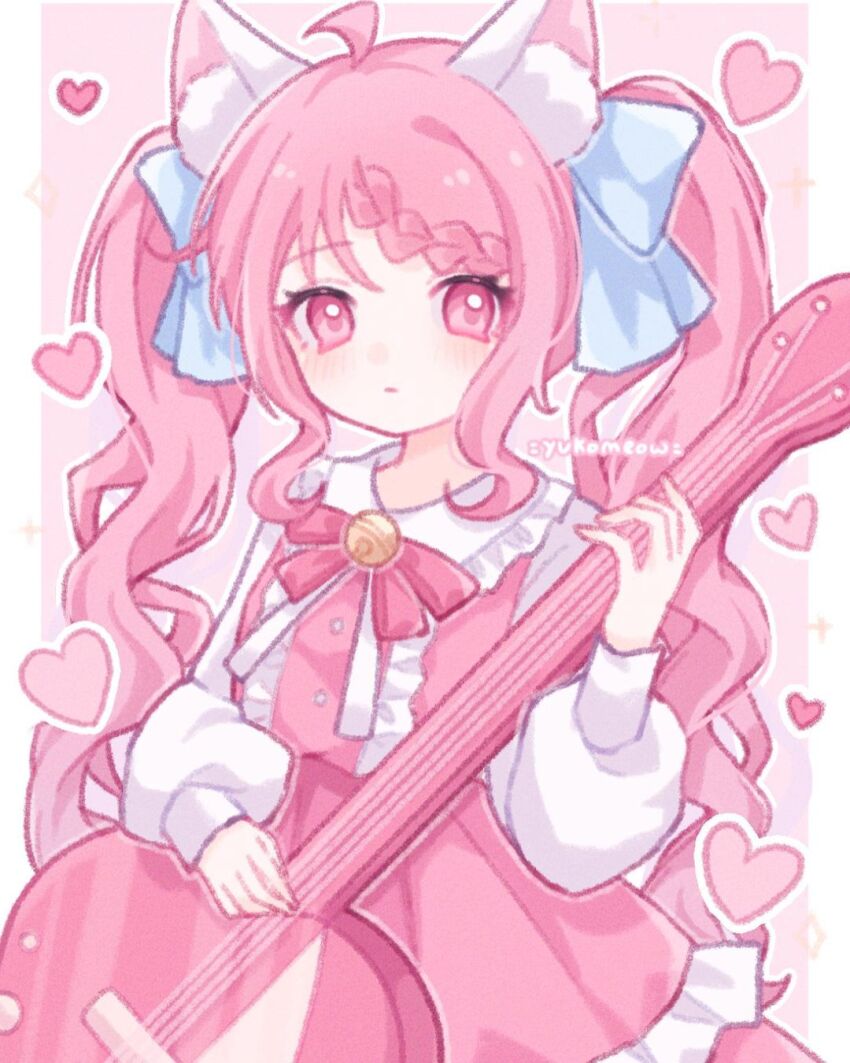 1girl animal_ear_fluff animal_ears artist_name bell blue_bow blush border bow bowtie braid braided_bangs buttons cat_ears center_frills closed_mouth collared_shirt commentary dress english_commentary eyelashes frilled_dress frills gift_art guitar hair_bow heart highres holding holding_guitar holding_instrument instrument jingle_bell light_frown long_hair long_sleeves looking_at_viewer neck_ribbon original pantyhose pink_background pink_bow pink_bowtie pink_dress pink_eyes pink_pantyhose playing_guitar procreate_(medium) puffy_long_sleeves puffy_sleeves ribbon shirt short_dress sidelocks sleeveless sleeveless_dress sparkle twintails wavy_hair white_border white_ribbon white_shirt yukomeow