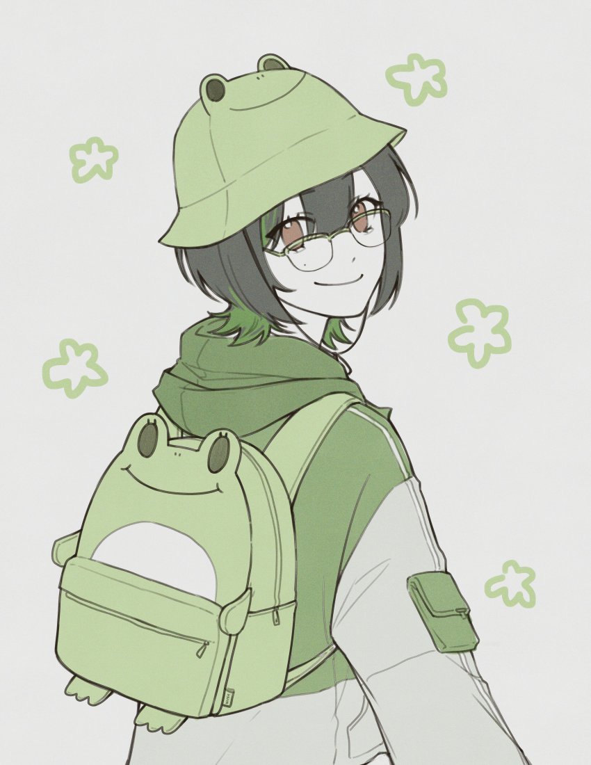 1girl absurdres artist_self-insert backpack bag black_hair brown_eyes closed_mouth from_behind glasses green-framed_eyewear green_hair green_hat green_jacket hat highres hood hood_down hooded_jacket jacket long_sleeves looking_at_viewer looking_back medium_hair mugen0017 original over-rim_eyewear semi-rimless_eyewear smile solo virtual_youtuber