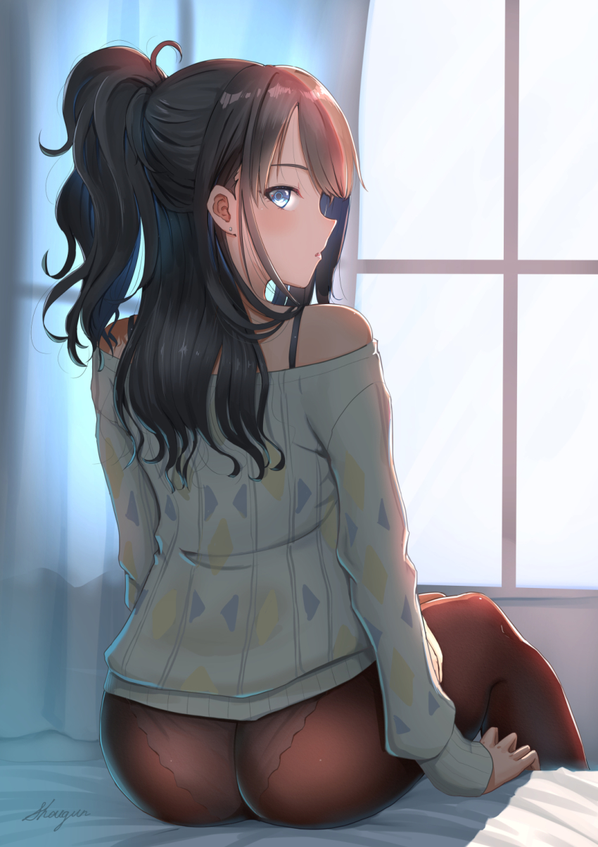 1girl aqua_shirt ass bed black_pantyhose blue_eyes bra_strap curtains diamond_(shape) ear_piercing high_ponytail highres idolmaster idolmaster_shiny_colors indoors kazano_hiori light_blush long_hair long_sleeves looking_at_viewer looking_back no_pants off-shoulder_shirt off_shoulder on_bed panties panties_under_pantyhose pantyhose piercing ponytail shirt shougun_(chuckni1) sidelocks sitting solo sunset underwear white_panties window