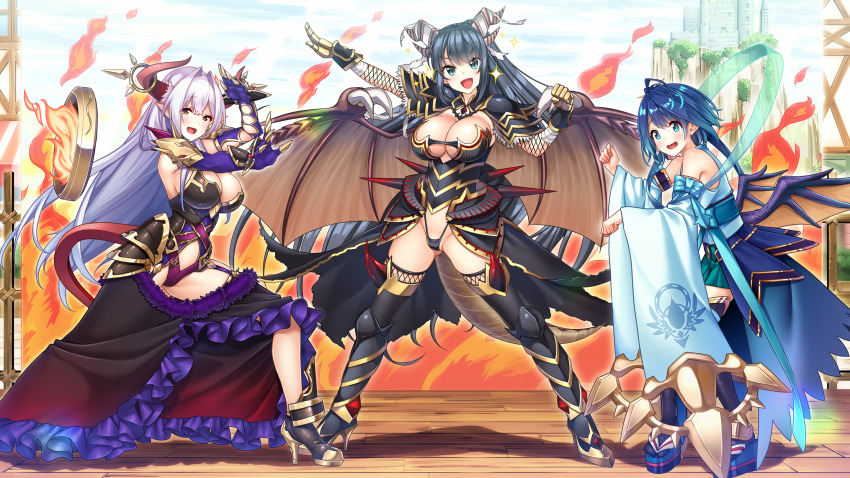 3girls antenna_hair armor asahina_hikage baffu bare_shoulders blue_eyes blue_hair blush boots breasts cleavage cloud day evelyn_devolgard female_focus fire frilled_skirt frills full_body game_cg gauntlets green_eyes groin hair_between_eyes happy height_difference high_heel_boots high_heels highres horns karen_aoi large_breasts legs legs_apart light_blue_hair light_blush light_purple_hair lise_cloud looking_at_viewer maokatsu!_maou_to_yuusha_no_idol_seikatsu multiple_girls open_mouth original outdoors red_eyes revealing_clothes skirt sky smile sparkle standing tail thigh_boots thighhighs thighs thong wide_sleeves