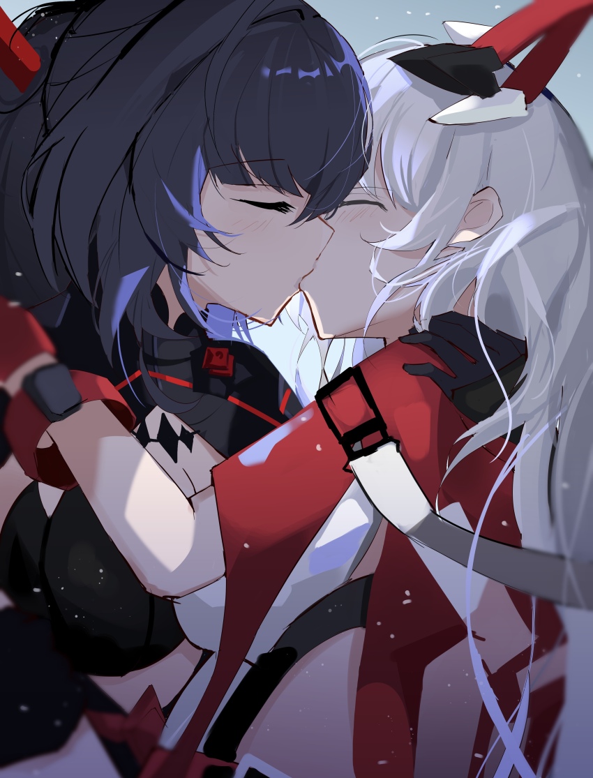 2girls absurdres black_gloves blue_eyes breasts cleavage_cutout closed_eyes clothing_cutout commentary english_commentary gloves hair_ornament hand_on_another&#039;s_shoulder highres honkai_(series) honkai_impact_3rd hug jacket kiana_kaslana kiana_kaslana_(radiant_blaze) kiana_kaslana_(void_drifter) kiss long_hair multiple_girls ponytail purple_eyes purple_hair raiden_mei raiden_mei_(danzai_spectramancer) raiden_mei_(orochi_cuirass) red_gloves red_jacket sparks_summer upper_body very_long_hair white_hair yuri