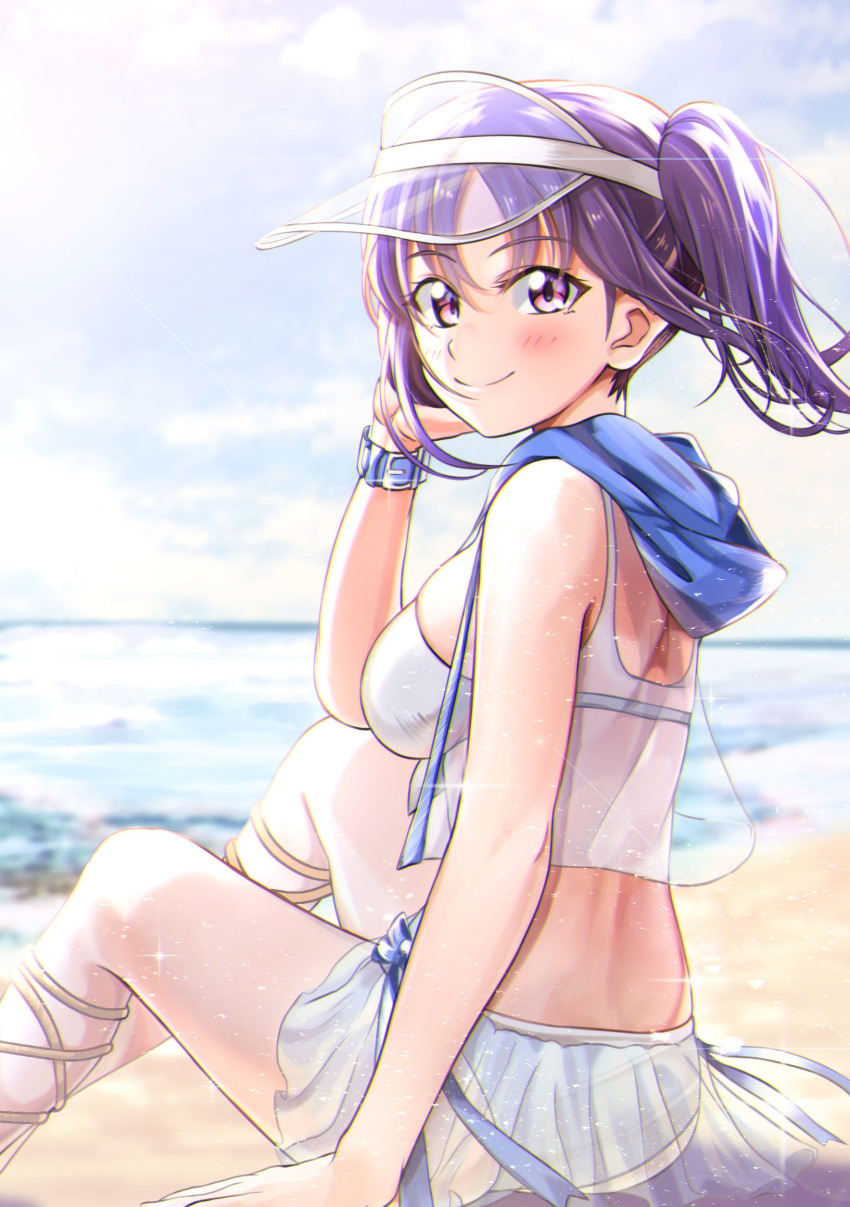 1girl ankle_lace-up beach bikini bikini_skirt blush commentary_request cross-laced_footwear day front-tie_bikini_top front-tie_top highres hood hood_down kazuno_sarah looking_at_viewer looking_back love_live! love_live!_sunshine!! outdoors purple_eyes purple_hair shaka_(staito0515) side-tie_bikini_bottom sidelocks sitting smile solo sparkle swimsuit twintails vest visor_cap watch wristwatch