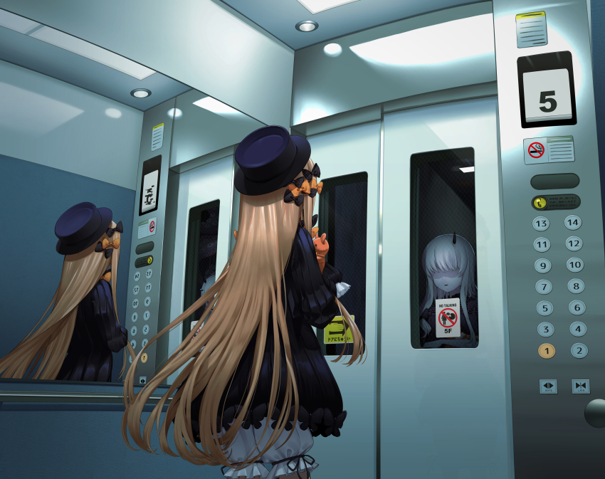 2girls abigail_williams_(fate) absurdres black_dress breasts dress elevator fate/grand_order fate_(series) highres lavinia_whateley_(fate) long_hair long_sleeves mirror multiple_girls reflection shiro_ami sleeves_past_fingers sleeves_past_wrists small_breasts stuffed_animal stuffed_toy teddy_bear