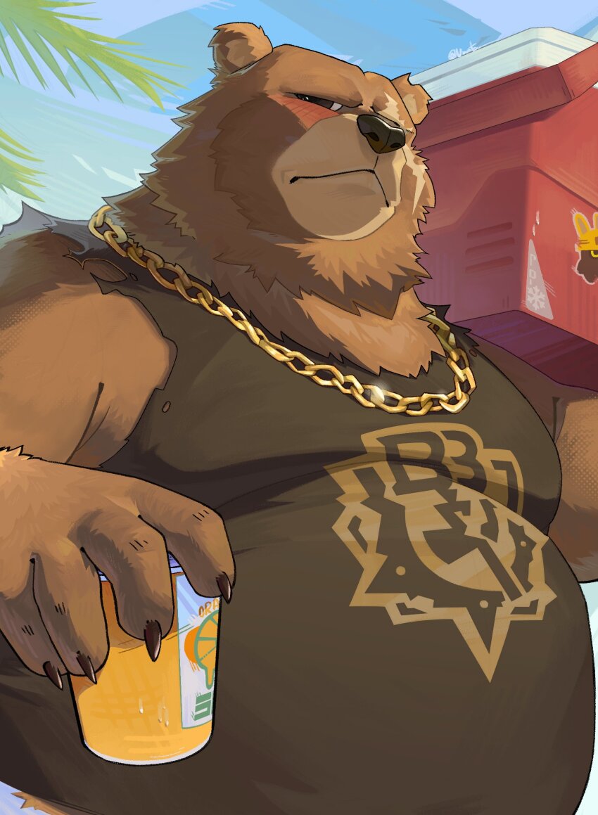 1boy animal_ears bangboo_(zenless_zone_zero) bara bear_boy bear_ears belly ben-day_dots ben_bigger black_tank_top blush brown_fur carrying_over_shoulder chain chain_necklace claws commentary cooler drink english_commentary fat fat_man furry furry_male giving_food highres holding holding_drink jewelry looking_at_viewer male_focus necklace notched_ear obese safety_(zenless_zone_zero) scar scar_across_eye screentones signature sticker tank_top tazaa_(unatazaamarilla) torn_clothes twitter_username zenless_zone_zero