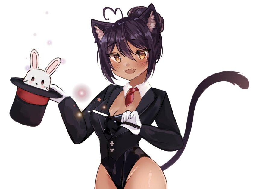 1girl :d ahoge animal_ear_fluff animal_ears black_hair black_leotard blush breasts cat_ears cat_girl cat_tail cleavage commentary commission dark-skinned_female dark_skin english_commentary fang gloves hair_between_eyes hat indie_virtual_youtuber kittysuit lady_nikolette leotard long_sleeves looking_at_viewer medium_breasts necktie nontraditional_playboy_bunny open_mouth playboy_bunny red_necktie short_hair simple_background skin_fang smile solo sulkycats tail thighs top_hat upper_body virtual_youtuber white_background white_gloves yellow_eyes