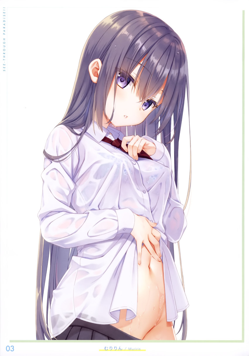 1girl absurdres artist_name blue_bra bra breasts clothes_pull dress_shirt groin hair_between_eyes head_tilt highres long_hair long_sleeves looking_at_viewer medium_breasts muririn navel necktie no_panties otona_no_moeoh parted_lips pleated_skirt purple_eyes purple_hair scan school_uniform see-through_clothes shirt simple_background skirt skirt_pull solo underwear very_long_hair wet wet_clothes wet_hair wet_shirt