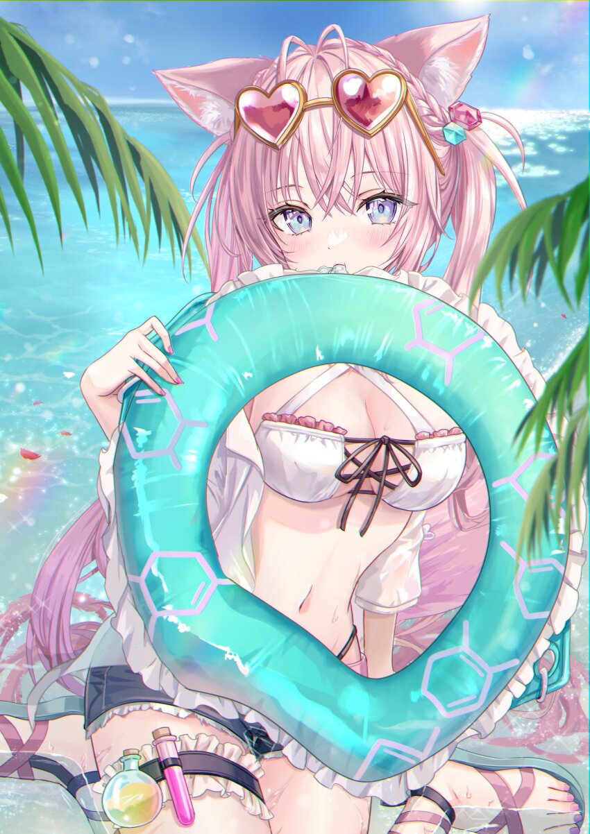 1girl :t animal_ear_fluff animal_ears antenna_hair aqua_footwear aqua_innertube bikini blue_eyes blue_shorts blue_sky blush braid breasts cleavage closed_mouth commentary cube_hair_ornament day eyewear_on_head frilled_bikini frilled_straps frills hair_ornament hakui_koyori heart heart-shaped_eyewear highres holding holding_swim_ring hololive inflating_innertube innertube large_breasts long_hair long_sleeves looking_at_viewer nail_polish navel open_clothes open_shirt outdoors palm_tree petals petals_on_liquid pink-tinted_eyewear pink_hair pink_nails pouch purple_eyes sandals shirt shorts sitting sky solo stomach sunglasses swim_ring swimsuit tail test_tube thigh_pouch thigh_strap thighs tina_oekaki tinted_eyewear toenail_polish toenails toes tree twintails two-tone_eyes virtual_youtuber wariza white_bikini white_shirt wolf_ears wolf_girl wolf_tail yellow-framed_eyewear