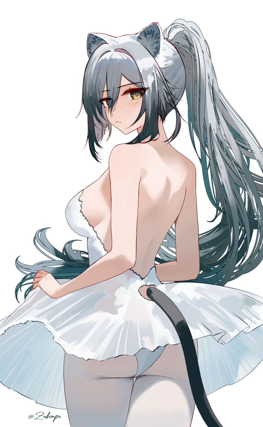 1girl absurdres animal_ears arknights artist_name ass ballet_dress breasts cat_ears cat_girl cat_tail closed_mouth clothing_cutout commentary cowboy_shot dress from_behind grey_hair hair_between_eyes highres long_hair looking_at_viewer looking_back medium_breasts ponytail schwarz_(arknights) sideboob simple_background solo tail tail_through_clothes twitter_username white_background white_dress yellow_eyes zakimpo